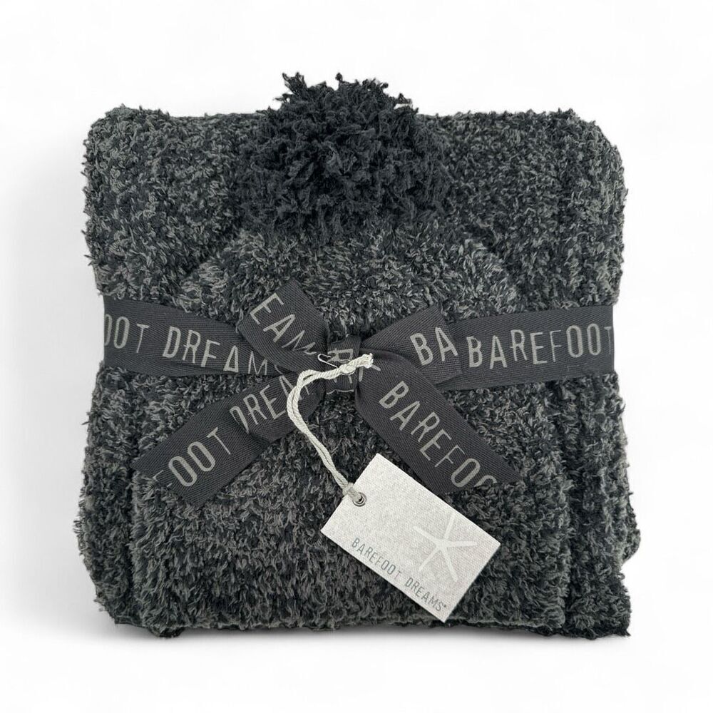 NWT Barefoot Dreams Carbon Black CozyChic Pom Pom Beanie & Scarf Set One Size
